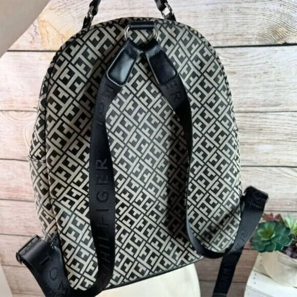 Tommy Hilfiger Unisex Backpack Black‎ Cream Monogram Canvas Adjustable Straps